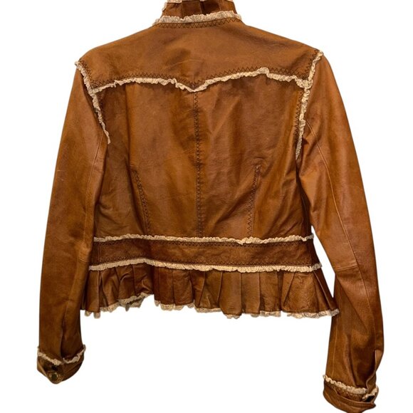 moda international FESTIVAL genuine leather contrast brown cream ruffle jacket M - Picture 5 of 5